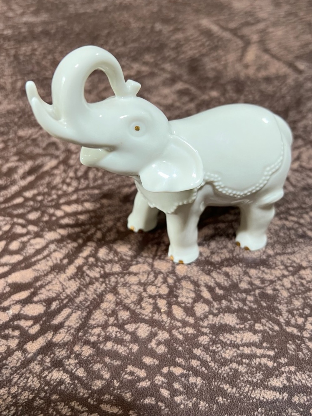 Vintage Lenox White Porcelain Elephant Figurine, 24K Gold Accent, Lucky Trunk Up